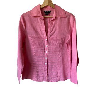 Tracy M Pink Linen Button Front Tuxedo Pleat Accented Front Collared V Neck Pink